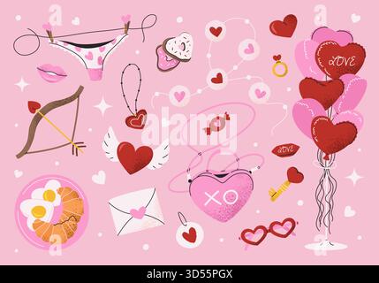 Ensemble de cliparts dessinés à la main pour la Saint-Valentin. Illustration de Vecteur