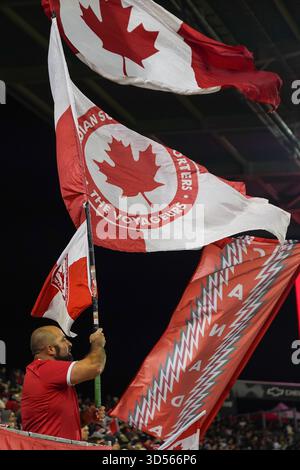 Toronto, Canada. 13 novembre 2025. Les partisans du Canada appuient leur équipe lors du match amical international entre le Canada et l’Équateur au BMO Filed. Le 13 novembre 2025 à Toronto (Ontario). (Photo de Leonardo Ramirez/ crédit : Eyepix Group/Alamy Live News Banque D'Images