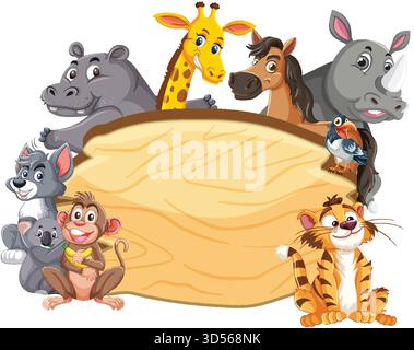 Animaux colorés de la jungle de bande dessinée regroupés autour d'un signe en bois vierge, style vectoriel plat, couleurs vives Illustration de Vecteur