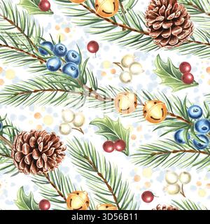 Branches de pin aquarelle avec des cônes et des baies modèle sans couture pour la conception de Noël. Brindilles d'épicéa d'illustration dessinées à la main pour le décor de vacances d'hiver. Banque D'Images