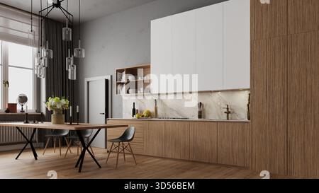 Un rendu 3D d'une cuisine et d'un coin repas modernes avec des armoires en grain de bois, un dosseret en marbre, et une table en bois sous un lustre contemporain. Banque D'Images