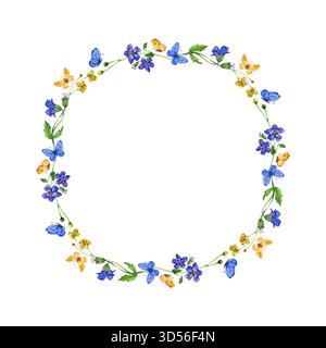 Cadre floral aquarelle avec fleurs sauvages et papillons. Couronne botanique délicate pour invitations, cartes de voeux, conception de mariage, étiquettes, branding Banque D'Images