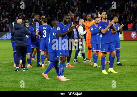 Paris, France. 13 novembre 2025. La joie de fin de la France après le match qualificatif de la Coupe du monde de football 2026, France vs Ukraine au stade du Parc des Princes, Paris, France le 13 novembre 2025. Photo de Henri Szwarc/ABACAPRESS.COM crédit : Abaca Press/Alamy Live News Banque D'Images