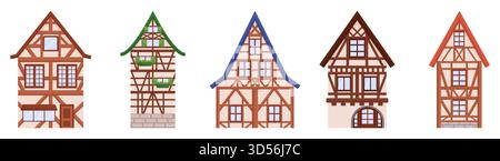 Les maisons à colombages présentent des cadres en bois apparents remplis de plâtre ou de brique. Style architectural traditionnel populaire en Europe depuis des siècles, Exud Illustration de Vecteur