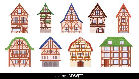 Ensemble de maisons à colombages. Charmantes structures architecturales avec des cadres en bois exposés remplis de brique ou de plâtre, mettant en valeur Un distinctif et Hist Illustration de Vecteur