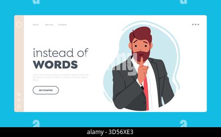 Modèle de page d'accueil confidentialité. Homme faisant Un geste de silence, indiquant le besoin de calme. Personnage masculin Express Secrecy, Silent environ Illustration de Vecteur