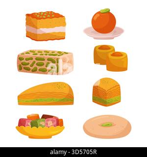Assortiment exquis de sucreries orientales, offrant Un mélange délicieux de saveurs et de textures. Variété de friandises traditionnelles, y compris Baklava, Kunafa, Illustration de Vecteur