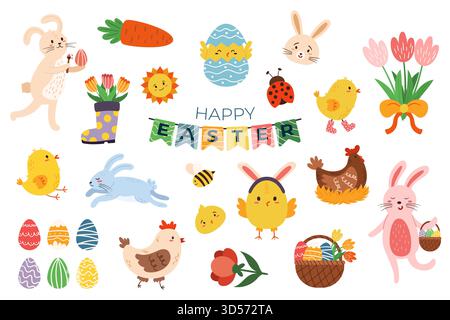 Ensemble de charmantes icônes de Pâques représentant divers éléments tels que lapins, insectes, œufs, paniers et fleurs pour créer des dessins liés à Pâques, artisanat, Illustration de Vecteur