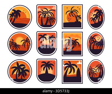 Médailles tropicales au coucher du soleil, palmiers aux silhouettes sur Un ciel orangé au crépuscule éclatant, patchs isolés capturent l'essence d'Un Paradi tropical serein Illustration de Vecteur