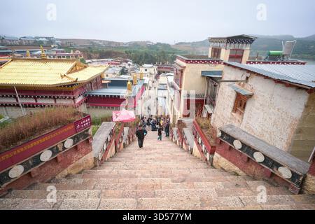Shangri-la, Chine - 13 octobre 2025 : les marches qui montent jusqu'au bâtiment principal du monastère de Ganden Sumtseling. Un repère populaire et attractio Banque D'Images