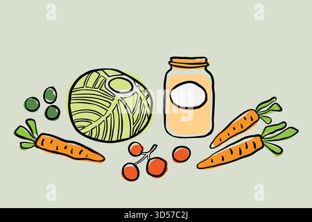 Nourriture, légumes et un dessin d'art au trait coloré en pot mason. Illustration de Vecteur