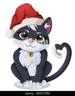 Adorable illustration vectorielle du personnage de chat de dessin animé dans le chapeau de Santa faisant une forme de coeur d'amour avec sa queue Illustration de Vecteur