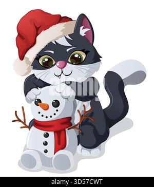 Chat noir et blanc mignon portant chapeau de Père Noël faire un bonhomme de neige - illustration de dessin animé de Noël Illustration de Vecteur