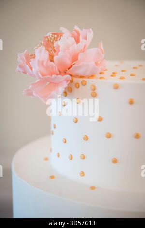 Gâteau minimaliste avec fleur de sucre rose et points d'or Banque D'Images