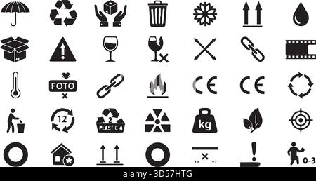 Ensemble de vecteurs de symboles d'emballage. Pictogrammes de manutention et de logistique. Icônes noires sur fond blanc. Illustration de Vecteur