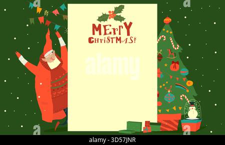Carte de Noël avec le Père Noël célébrant des vacances près de l'arbre de Noël Illustration de Vecteur