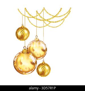 Jouets d'arbre de Noël avec des boules d'or brillantes, guirlandes de perles de paillettes d'or, illustration aquarelle de décoration brillante, composition avec Christmas de Banque D'Images
