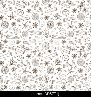 Vecteur hiver modèle isolé sans couture de fruits secs, baies et épices. Bâtonnets de cannelle, tranches d'orange et de pomme, argousier, cowberry Illustration de Vecteur