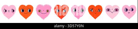 Visages drôles dessinés à la main en forme de cœur, personnages, visages mignons roses et rouges avec des yeux, des bouches et différentes expressions pour les designs de la Saint-Valentin Illustration de Vecteur