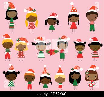 Figurines de bâton vectoriel afro-américain mignon dans des costumes de Noël rouges et verts avec des chapeaux de Père Noël Illustration de Vecteur