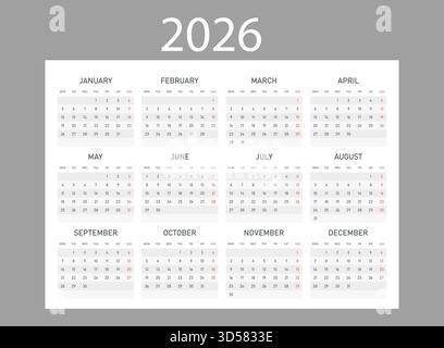 Calendrier 2026 année icône dans un style plat. Illustration vectorielle de planificateur sur fond isolé. Concept commercial de signe de calendrier. Illustration de Vecteur