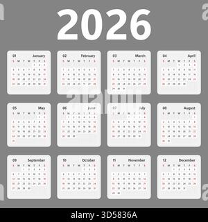 Calendrier 2026 année icône dans un style plat. Illustration vectorielle de planificateur sur fond isolé. Concept commercial de signe de calendrier. Illustration de Vecteur