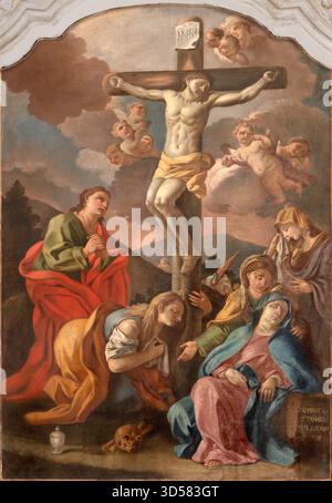 POSITANO, ITALIE - 7 OCTOBRE 2025 : la peinture de Crucifixion dans l'église Chiesa di Maria Santissima del Rosario par artiste abroque inconnu (1798). Banque D'Images