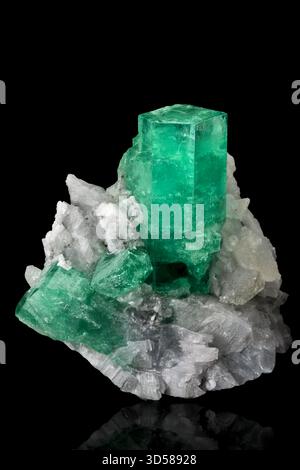 Superbe cristal émeraude s'élève de la matrice pâle montrant un éclat vert vif et la structure naturelle de béryl en parfaite transparence. Banque D'Images