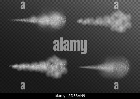 Eau de brouillard de vapeur, jet d'eau aéré isolé sur fond transparent noir. Ensemble d'illustration réaliste vectoriel, collection. Illustration de Vecteur