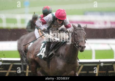 Un Pai de nom monté par Tristan Durrell remporte le Lycetts Insurance Brokers Conditional Jockeys' handicap Hurdle lors de la campagne Day à l'hippodrome de Cheltenham. Date de la photo : vendredi 14 novembre 2025. Banque D'Images
