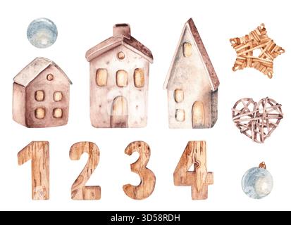 Ensemble de Noël, décoration de l'Avent. Maisons lumineuses en céramique, lanternes, numéros en bois et jouets d'arbre de Noël. Illustrations dessinées à la main à l'aquarelle Banque D'Images