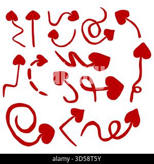 Une collection de flèches fantaisistes rouges en forme de cœur avec des queues fluides et courbes, présentées comme une illustration vectorielle graphique sur un fond blanc. Illustration de Vecteur