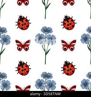 Charmant motif vectoriel avec des coccinelles mignonnes, des papillons rouges vibrants et des fleurs de lin bleu délicates sur un fond blanc propre. Illustration de Vecteur