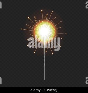 Lumière du Bengale réaliste, étincelles de Noël festives, élément d'éclairage de décoration. Illustration vectorielle isolée sur fond sombre. Illustration de Vecteur