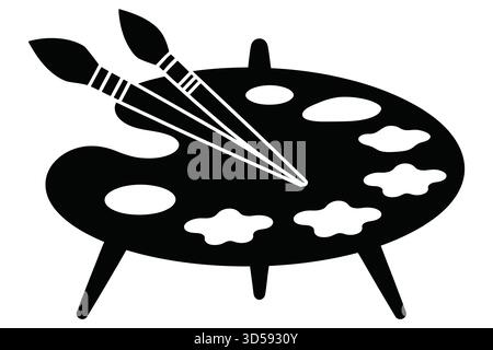 Une silhouette noire stylisée représente la palette de peinture en bois d'un artiste avec plusieurs puits de couleur et deux pinceaux reposant dessus. Illustration de Vecteur
