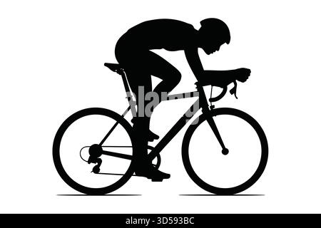 Silhouette noire d'un cycliste portant un casque et conduisant un vélo de route dans une position basse et aérodynamique. Illustration de Vecteur