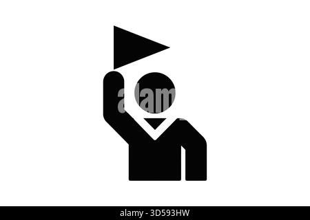 Une silhouette noire simple d'une figure levant un drapeau triangulaire. Cette icône représente le guidage, la direction ou un signal. Illustration de Vecteur