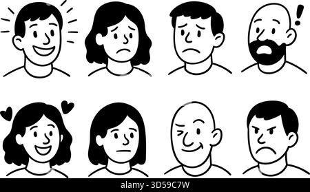 Griffonner les gens avec des émotions différentes. Personnages dessinés à la main pour le marketing, la communication, le témoignage et les modèles d'interface utilisateur UX. Isolé sur transparen Illustration de Vecteur