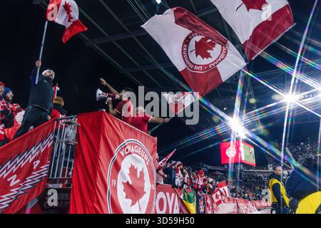 Toronto, Canada. 13 novembre 2025. Toronto, Canada, le 13 novembre 2025 les partisans du Canada acclament pendant le match amical international masculin entre le Canada et l'Équateur au BMO Field à Toronto, Canada (USAGE ÉDITORIAL SEULEMENT). (Curtis Wong/SPP) crédit : SPP Sport Press photo. /Alamy Live News Banque D'Images