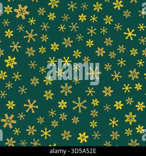 Motif sans couture de Noël avec de petits flocons de neige simples. Fond vert hiver style classique. Flocons de neige aléatoires jaunes sur fond vert foncé. CHR Illustration de Vecteur