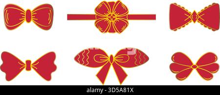 Noeuds rouges avec contour d'or, ensemble avec des signes vectoriels dans différentes variations, collection festive bowknot doodle Illustration de Vecteur