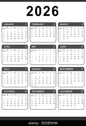 modèle de calendrier mensuel 2026. Début du dimanche. Conception vectorielle Illustration de Vecteur