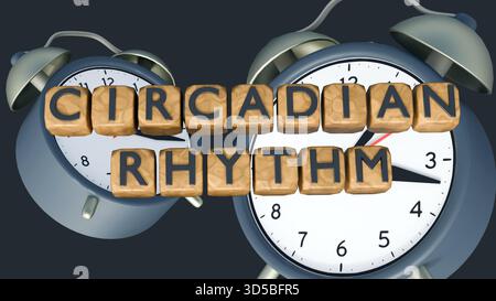 Un rendu 3D du réveil de style vintage et l'expression 'RYTHME CIRCADIEN' est écrit en utilisant des cubes ou des blocs blancs 3D individuels. Banque D'Images