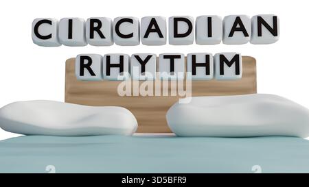 Rendu 3D du RYTHME CIRCADIEN sur des tuiles situées au-dessus d'une configuration de lit. Banque D'Images