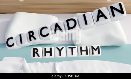 Rendu 3D du RYTHME CIRCADIEN sur des tuiles situées au-dessus d'une configuration de lit. Banque D'Images