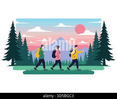 Groupe de randonneurs marchant à travers la forêt avec des montagnes en illustration de fond Illustration de Vecteur