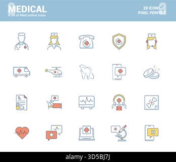Ensemble d'icônes remplies de ligne plate pour le thème médical et de santé, adapté aux concepts mobiles, application Web, médias imprimés et projets d'infographie Illustration de Vecteur