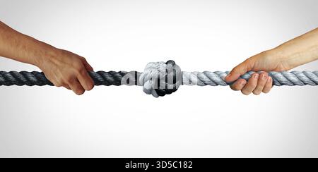Concept d'escalade de conflit comme un remorqueur de guerre conflit avec deux personnes tirant une corde noire et blanche tendue avec force comme un symbole de contr accru Banque D'Images