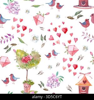 modèle sans couture avec des coeurs, des oiseaux et des fleurs saint-valentin, fond d'aquarelle Banque D'Images