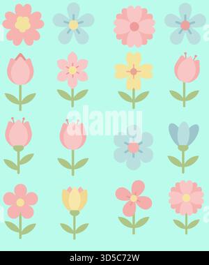 Un ensemble mignon et minimaliste d'icônes florales pastel dans un style vectoriel de design plat. Parfait pour le printemps, l'été, les cartes de voeux, les invitations de mariage et soc Illustration de Vecteur